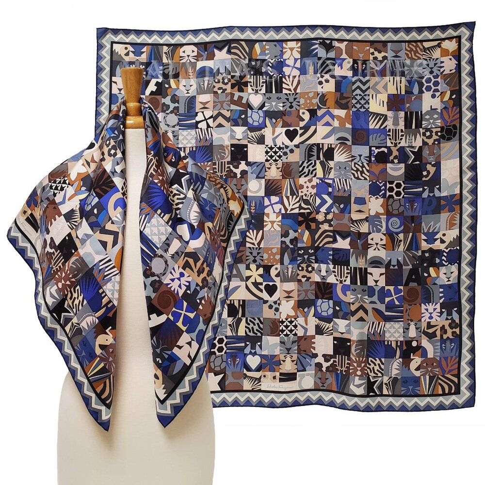 SALVATORE FERRAGAMO SCARF EXOTIC JUNGLE PATCHWORK PRINT SILK SQUARE  35"